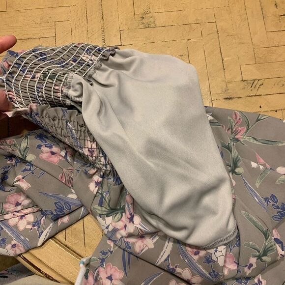 Wide Leg Bell Bottom Floral Pants M Taupe Boho - Picture 6 of 8
